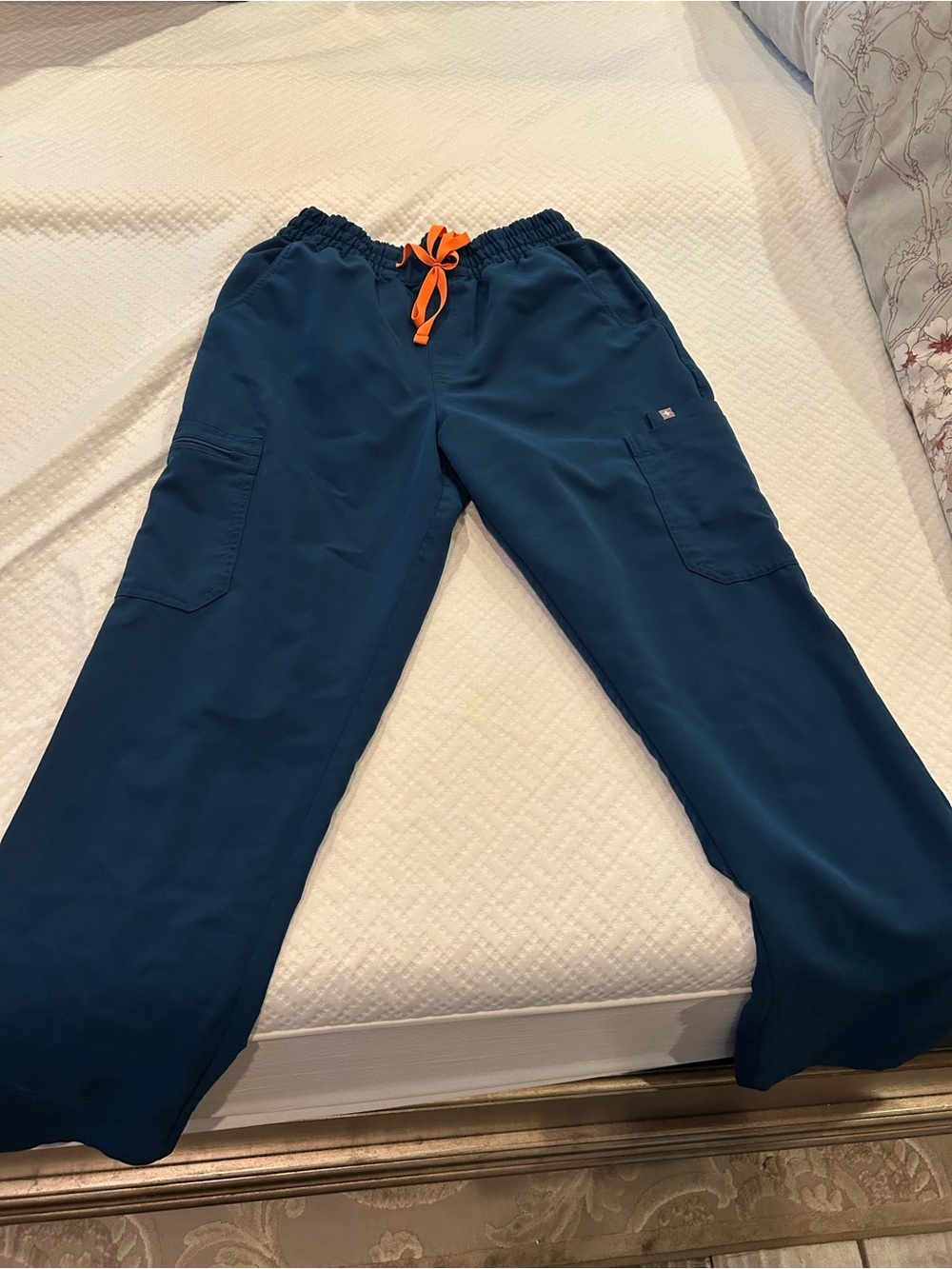 Teal Cargo Scrub Pants with Orange Drawstring